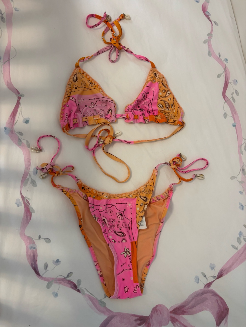 Aerie Pink and Peach Bandana-Trim Triangle Bikini Top